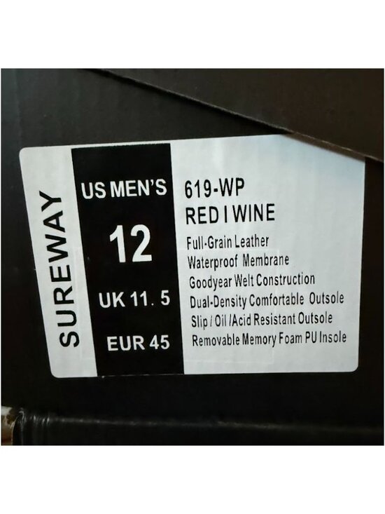 SUREWAY Heavy Duty Soft Toe Full Grain Leather Work Boots Red Wine Size 12 NEW